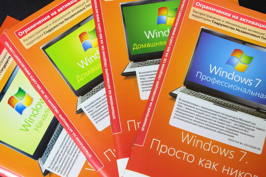 Sochi, Russia - Oktober 1 2020: Information brochure from some versions of Microsoft Windows 7 installation kits from start to professional edition