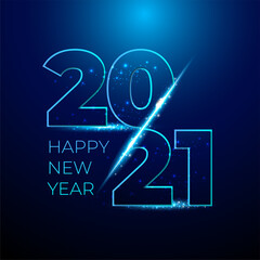 Happy 2021 new year blue number with bright sparkles. Festive premium design template for greeting card, calendar, banner. glowing lights circle on black background. Vector illustration