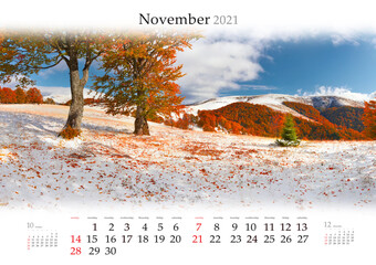 Calendar November 2021, B3 size. Set of calendars with amazing landscapes. First snow in Carpathian mountains. Splendid autumn scene of mountain valley.