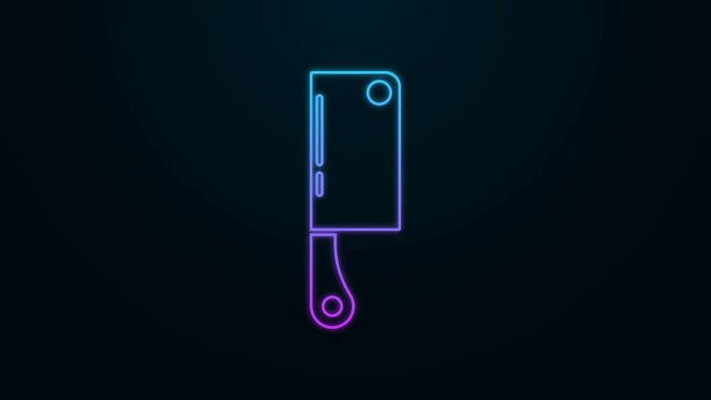 Glowing neon line Meat chopper icon isolated on black background. Kitchen knife for meat. Butcher knife. Happy Halloween party. 4K Video motion graphic animation