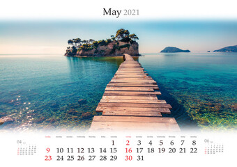 Calendar May 2021, B3 size. Set of calendars with amazing landscapes. Bright spring view of Cameo...