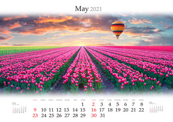 Calendar May 2021, B3 size. Set of calendars with amazing landscapes. Flying on the balloon over the field of blooming tulip flowers. Spring sunrise in Netherlands countryside.