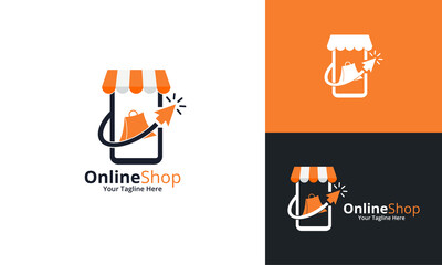Online Shop Logo designs Template. Illustration vector graphic of shop bag and smartphone combination logo design concept. Perfect for Ecommerce,sale, discount or store web element. Company emblem.