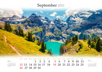 Calendar September 2021, B3 size. Set of calendars with amazing landscapes. Colorful autumn view of unique Oeschinensee Lake. Splendid outdoor scene of Swiss Alps.