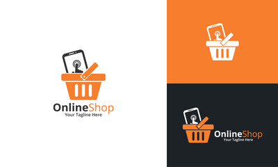 Online Shop Logo designs Template. Illustration vector graphic of shopping basket  and smartphone combination logo design concept. Perfect for Ecommerce,sale, discount or store web element. Company em