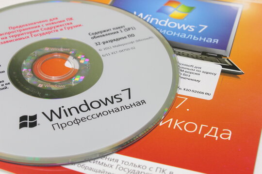 Sochi, Russia - Oktober 1 2020: Microsoft Windows 7 Professional edition installation dvd and information brochure