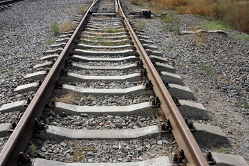 Fototapeta na wymiar railroad, old rails and stones, photographed during the day, the outgoing perspective is visible