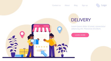 Fototapeta premium Delivery services. Online shopping concept. Marketing and Digital marketing. Flat People Characters Shop. Modern flat illustration.
