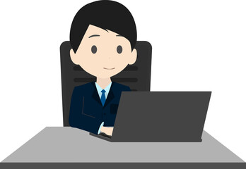 パソコンをするシンプルなビジネスマンのイラスト