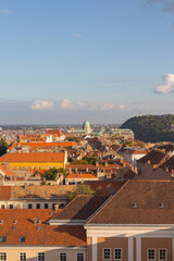 View of the rooftops of the historic Old Town of Budapest from a height. Hungary