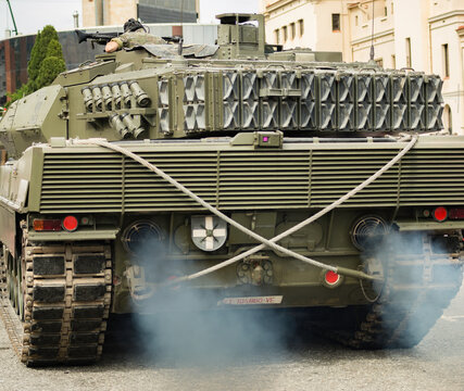 Barcelona, Spain; August 9, 2018: Big modern tank of the spanish army in the city. Leopard 2E