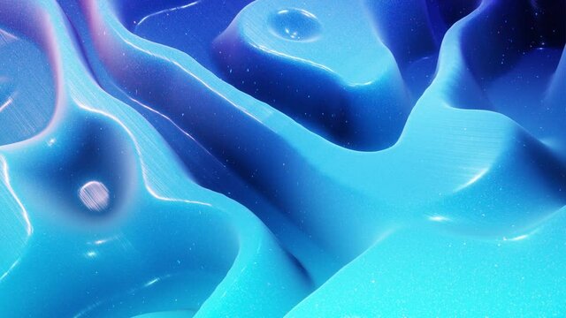 Stylish abstract blue surface as fantastical festive bg. Looped background, waves move on glossy surface like landscape made of liquid blue wax with sparkles. Beautiful soft bg with smooth animatin 4k