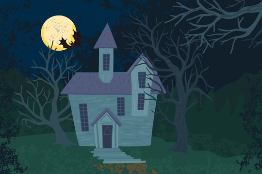 Landscape of an old house and bare trees at night. Full moon at night. Illustration for Halloween, background for poster. Vector cartoon illustration