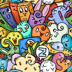Kawaii doodle smiling monsters seamless pattern for child prints, designs and coloring books. Ufo, rabbits, cream and clouds
