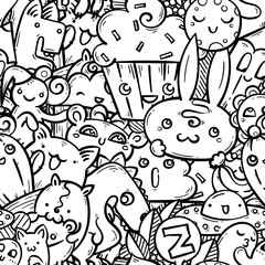 Nice doodle smiling creatures seamless pattern for child prints, designs and coloring books. Rabbit, cream, dino, cat, ufo, cactus