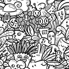 Kawaii doodle smiling monsters seamless pattern for child prints, designs and coloring books. Food, animals, robots, flowers