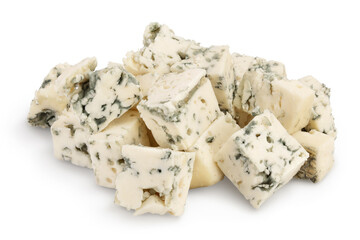 diced Blue cheese isolated on white background with clipping path and full depth of field.