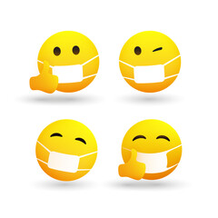 Set of Emoticons with Face Mask - Simple Shiny Happy Emoticon Clip-Art, Isolated on White Background - Vector Design