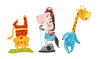 Funny Animals in Sportswear Running and Standing in Yoga Pose Vector Set