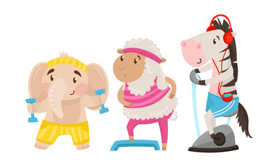 Funny Animals in Sportswear Lifting Dumbbells and Doing Physical Exercise Vector Set