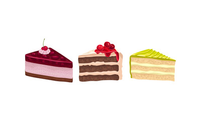 Layered Cake Pieces with Cream and Berry Vector Set