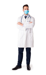 Portrait of male doctor while wearing face mask and standing at isolated background