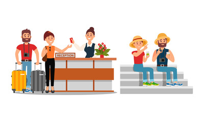 Young Couple Travelling on Vacation Vector Illustration Set