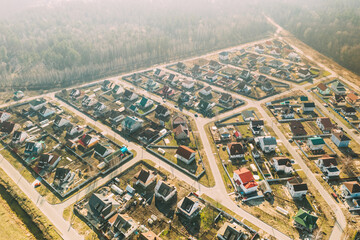 Gomel, Belarus. Aerial Bird's-eye View Of Suburb Cityscape Skyline In Sunny Spring Day