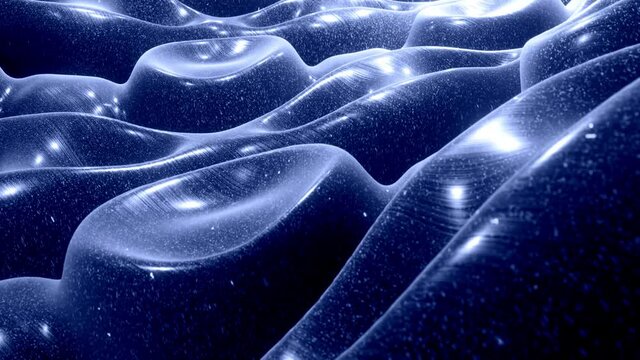 Stylish festive abstract black bg. Fantastical looped background, waves move on glossy surface like landscape made of liquid blue wax with sparkles. Beautiful soft background with smooth animation 4k