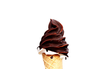 Danish soft Ice cream in a waffle cone - Vanilla with chocolate glaze on a white background