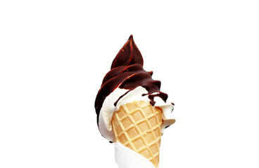 Danish soft Ice cream in a waffle cone - Vanilla with chocolate glaze on a white background