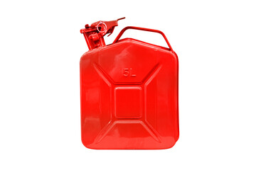 Red metal canister isolated on white. 5 liter container for keeping fuel or motor oil.