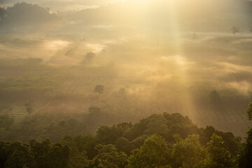 Landscape of beautiful morning fog sunrise in southern of Thailand