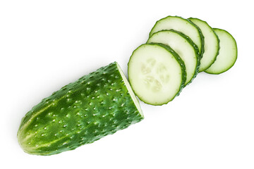 Sliced cucumber isolated on white background with clipping path and full depth of field, Top view....