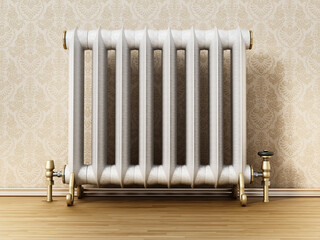Vintage radiatorstanding next to the wall. 3D illustration