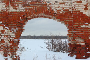 historic brick ruins in the snow