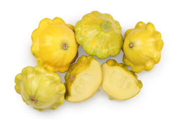 yellow pattypan squash isolated on white background. Top view with clipping path