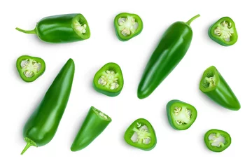 Rolgordijnen jalapeno peppers isolated on white background. Green chili pepper with clipping path. Top view. Flat lay © kolesnikovserg
