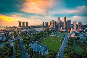 Singapore Skyline and view of skyscrapers on Marina Bay at sunsrise.