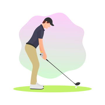 Standing golfer man ready to swing golf club. Rich people sport. Sportsman guy icon. Professional male athlete sign or symbol. Sports game. Sportswear and equipment flat vector character illustration.