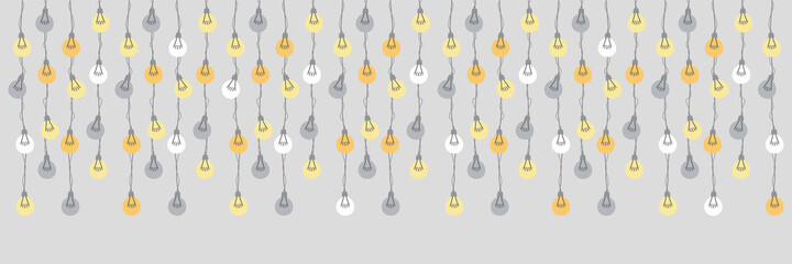 Cute Christmas hand drawn light bulb garlands horizontal banner background