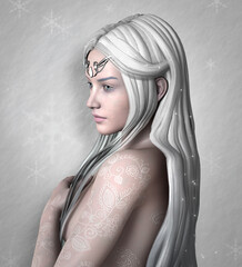 Beautiful girl with long with hair portraying winter on a snowflakes background