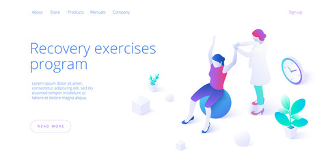 Physiotherapy exercises isometric vector illustration. Injury recovery or treatment program with patient and physiotherapist. Web banner for rehabilitation center or hospital concept.