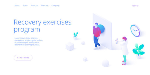 Physiotherapy exercises isometric vector illustration. Injury recovery or treatment program with patient and physiotherapist. Web banner for rehabilitation center or hospital concept.