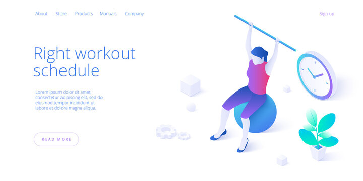 Physiotherapy exercises isometric vector illustration. Injury recovery or treatment program with female with stick on ball. Web banner for rehabilitation center or hospital concept.