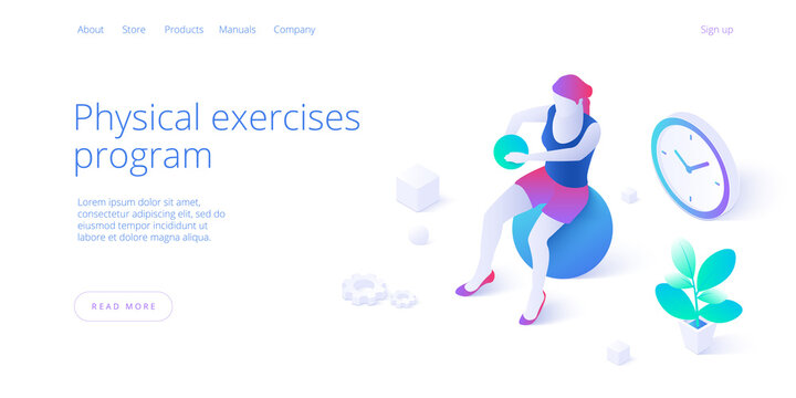Physiotherapy exercises isometric vector illustration. Injury recovery or treatment program with female with weight on ball. Web banner for rehabilitation center or hospital concept.