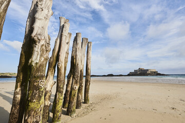 Wooden Poles et Fort National on the beach at low tide in Saint Malo, Brittany, France