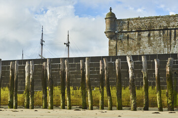 Fototapeta premium Wooden Poles and rampart on the beach at low tide in Saint Malo, Brittany, France