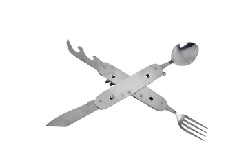 Travel multi-tool with fork, spoon and can opener, multifunctional set, utility knife with travel and tourism accessories set, tourist spoon and fork