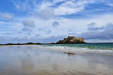  Fort National on the beach at low tide in Saint Malo, Brittany, France